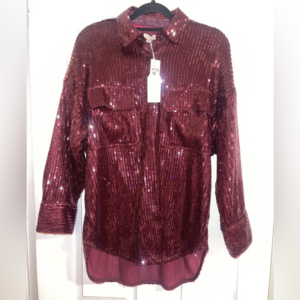 Anthropology Pilcro Sparkling Maroon Sequin Shirt